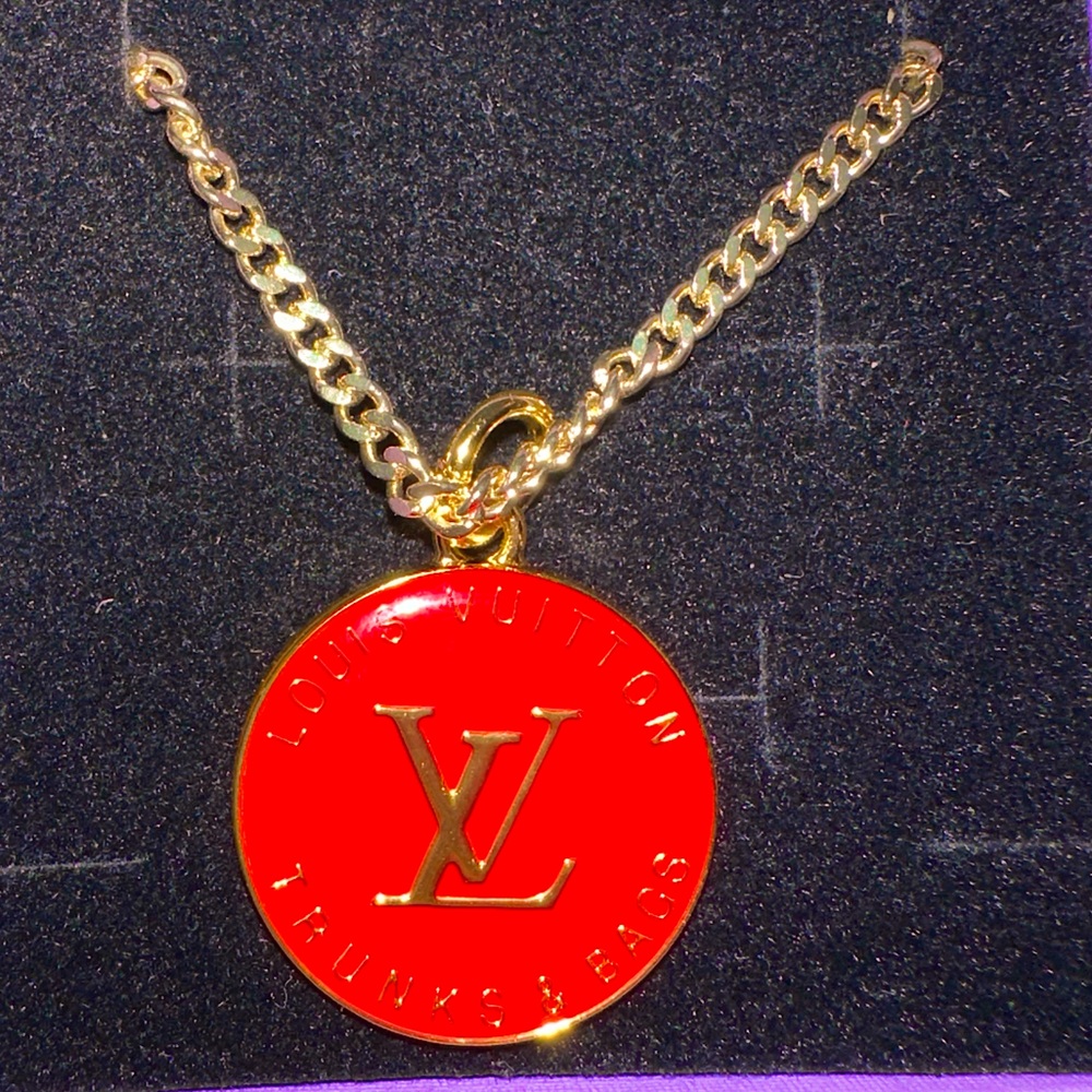 LV repurposed  Gold Necklace with Elegant Red Pendant